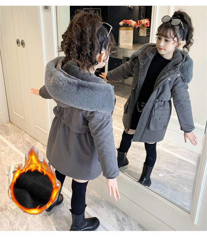 -30° Pamučni kaputi za djevojčice Zimske i baršunaste jakne Dječja gornja odjeća s kapuljačom Jednobojni ležerni kaput Tople deblje parke