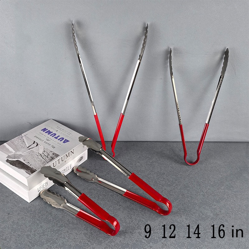 Nerūdijančio plieno silikoninės virtuvės žnyplės ilgos BBQ žnyplės maisto žnyplės su silikonu dengta rankena 9/12/14/16 colių