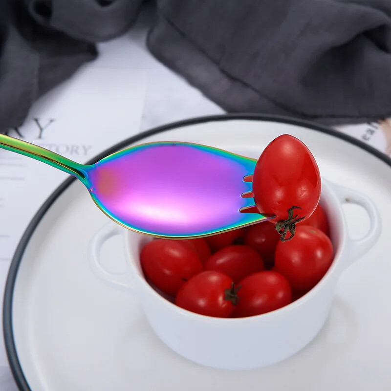 Vaisių šakutės šaukštas nerūdijančio plieno ledų salotų desertas stalo reikmenys pyragas užkandis salotos šakutė šaukštas 2 viename spalvingi Bento priedai