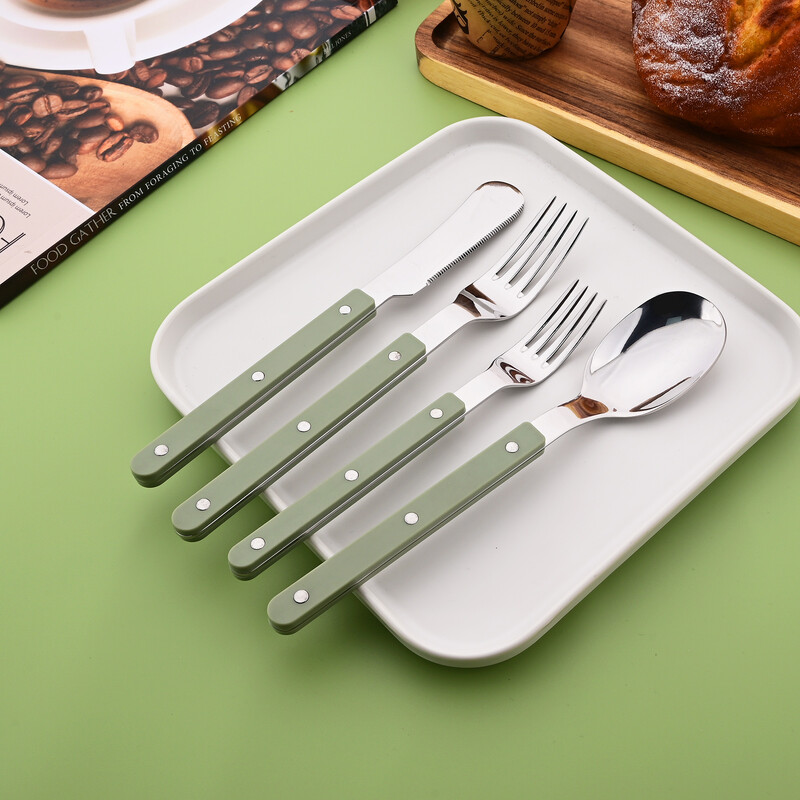Žalias sidabras 16 vnt. indų ABS rankenos kniedės dekoravimo stalo įrankių rinkinys Vakarų peilis šakutė šaukštas nerūdijančio plieno stalo įrankių rinkinys