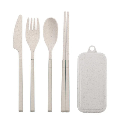 4 db-os hordozható étkészlet környezetbarát búzaszalma étkészlet levehető kés villa kanál összecsukható utazási evőeszköz edénytartó doboz