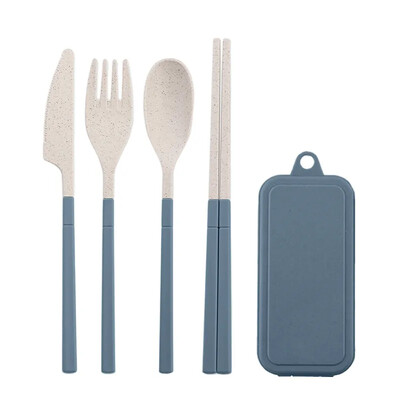 4 db-os hordozható étkészlet környezetbarát búzaszalma étkészlet levehető kés villa kanál összecsukható utazási evőeszköz edénytartó doboz