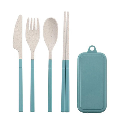 4 db-os hordozható étkészlet környezetbarát búzaszalma étkészlet levehető kés villa kanál összecsukható utazási evőeszköz edénytartó doboz