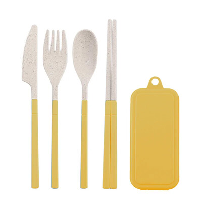 4 db-os hordozható étkészlet környezetbarát búzaszalma étkészlet levehető kés villa kanál összecsukható utazási evőeszköz edénytartó doboz