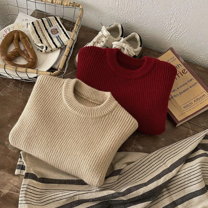 ευέλικτο πουλόβερ για το φθινόπωρο και το χειμώνα χαλαρή εφαρμογή για αγόρια και κορίτσια μονόχρωμο ζεστό και χοντρό πουλόβερ παιδικό πουλόβερ,W151