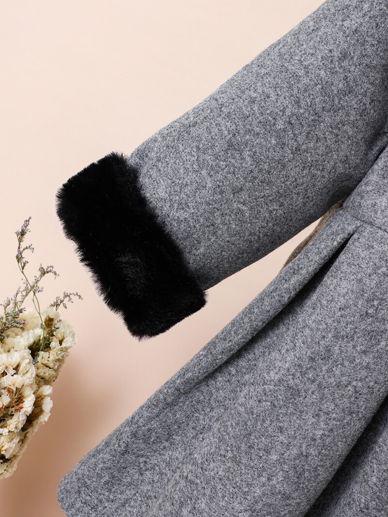 Mergaičių rudeninis ir žieminis naujas madingas britiško stiliaus paltas su kailine apykakle, peteliške, vilnoniu paltuku ir kepure