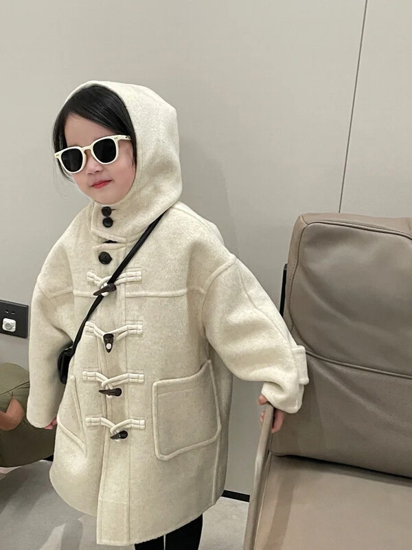 Vaikiški paltai Korėjietiško stiliaus rago mygtukas su gobtuvu Kailinis Žieminis paltas berniukams Mergaitėms Vaikams Striukės Kūdikių žieminiai drabužėliai