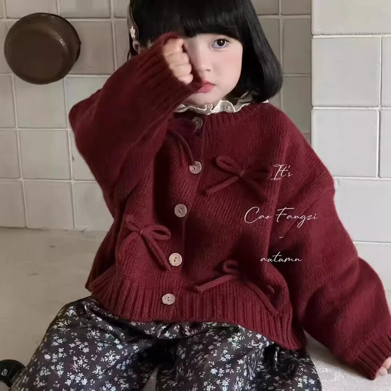 Vaikiški drabužiai Mergaičių megztas megztinis rudens kūdikiui Retro Saldus trimatis lankelis vienspalvis patogus megztinis