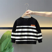 2024 m. pavasario ir rudens berniukų madingas laisvalaikio odinis megztinis su etikete dryžuotas vyresniems vaikams / 2–10 m.