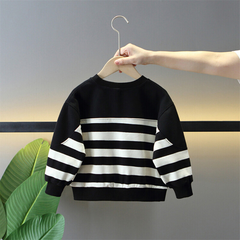 2024 m. pavasario ir rudens berniukų madingas laisvalaikio odinis megztinis su etikete dryžuotas vyresniems vaikams / 2–10 m.