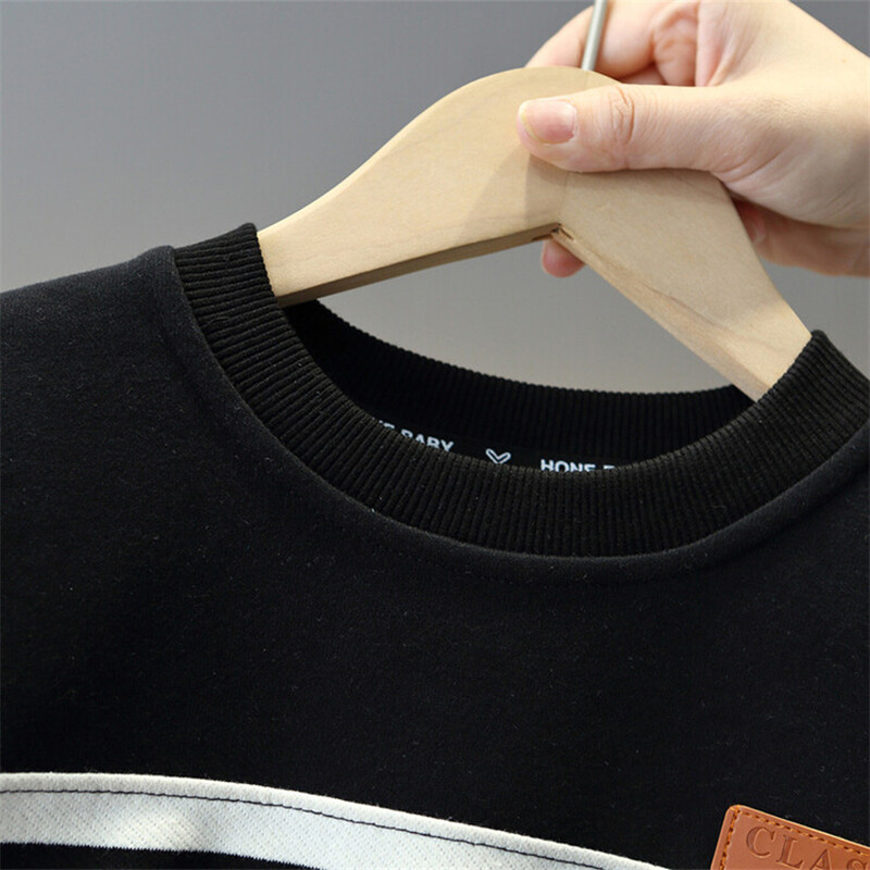 2024 m. pavasario ir rudens berniukų madingas laisvalaikio odinis megztinis su etikete dryžuotas vyresniems vaikams / 2–10 m.