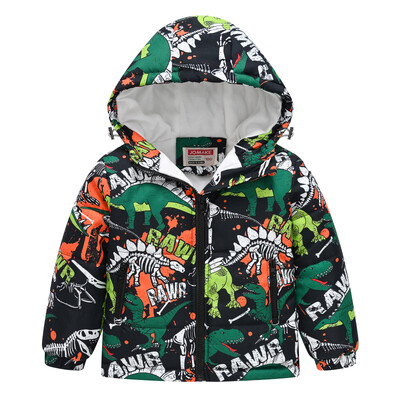 Nauji berniukų ir mergaičių drabužiai su medvilniniu paminkštinimu mados raštu su gobtuvu, šiltas paltas su kišene