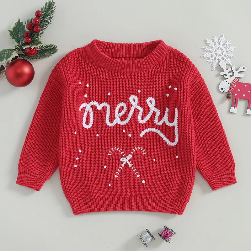 0–5 gadi zēnu un meiteņu Ziemassvētku džemperis ar konfekšu nūju izšuvumiem, ar garām piedurknēm, džemperi, trikotāžas topi ziemai, rudenim