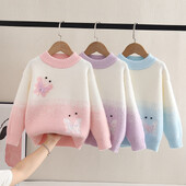 Megztiniai mergaičių elegantiški drugelių raštai megzti megztiniai su O kaklu, pūkuoti laisvalaikio vaikų viršutiniai palaidinukai šilumą sulaikantys mezginiai mergaitėms HY07261