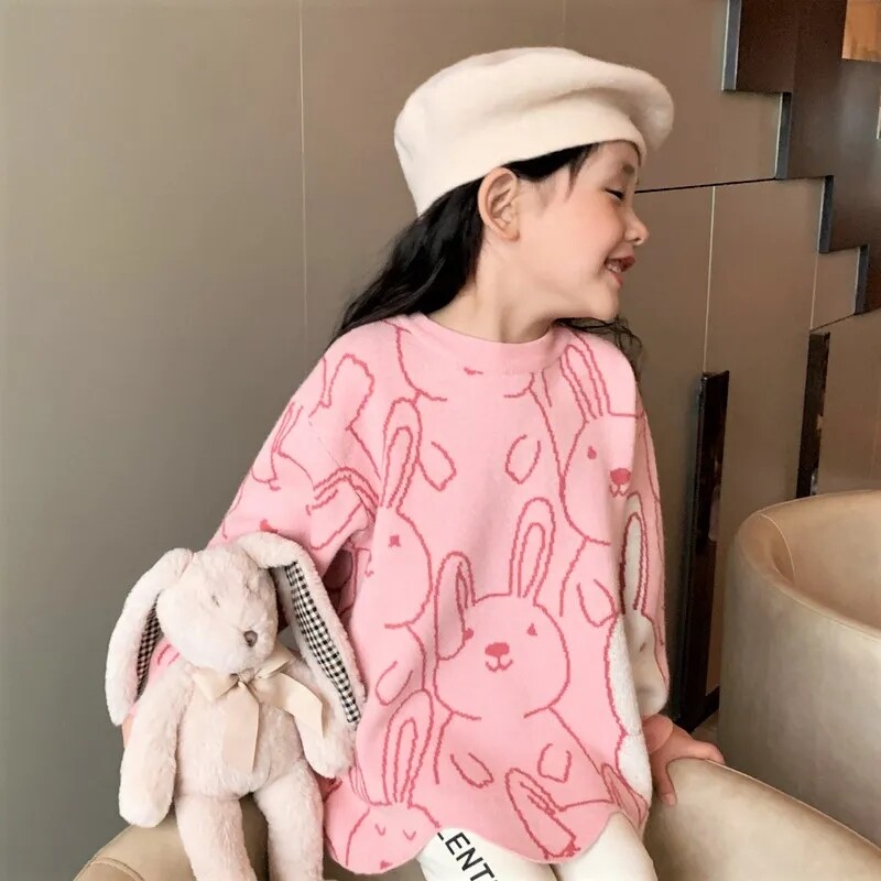 Gyerekek aranyos nyúl kötött pulóverek lányoknak szabálytalan O nyakú karácsonyi pulóver kabát tipegő baba hosszú ujjú pulóverek 6 8