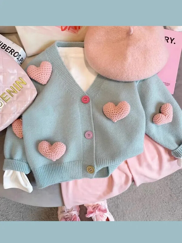 Dječji pulover Korejska dječja odjeća Jesenski pleteni kardigan za djevojčice Trodimenzionalni ljubavni pulover Kaput
