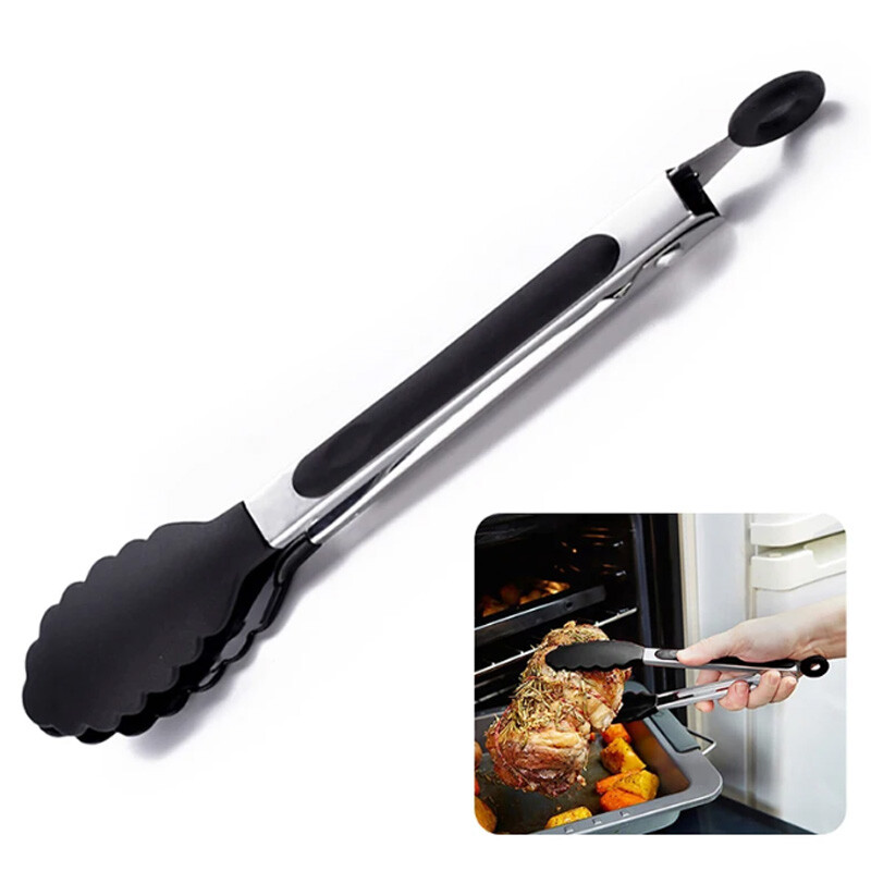 9-tollised silikoonist toidutangid Kitchen Grill roostevabast terasest toidukvaliteediga silikoonist otsaga libisemiskindlad toidutangid BBQ salatileibade jaoks