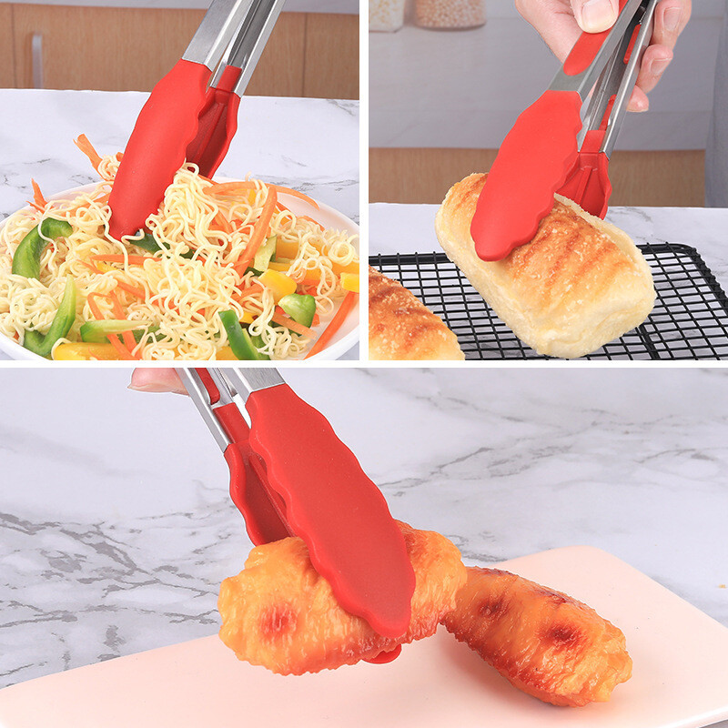 9-tollised silikoonist toidutangid Kitchen Grill roostevabast terasest toidukvaliteediga silikoonist otsaga libisemiskindlad toidutangid BBQ salatileibade jaoks