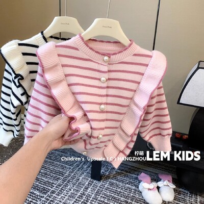 Gyermekruházat 2024 ősz és tél új lányok divatos felső gyermek csíkos pulóver dzseki vékony