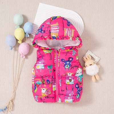 Naujos žieminės storos ir šiltos liemenės berniukui ir mergaitei, spalvingi vaikiški drabužėliai su gobtuvu grafiti nuo 6 mėnesių iki 3 metų