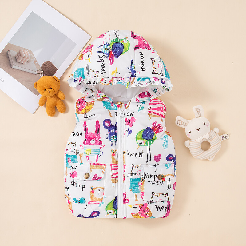 Naujos žieminės storos ir šiltos liemenės berniukui ir mergaitei, spalvingi vaikiški drabužėliai su gobtuvu grafiti nuo 6 mėnesių iki 3 metų