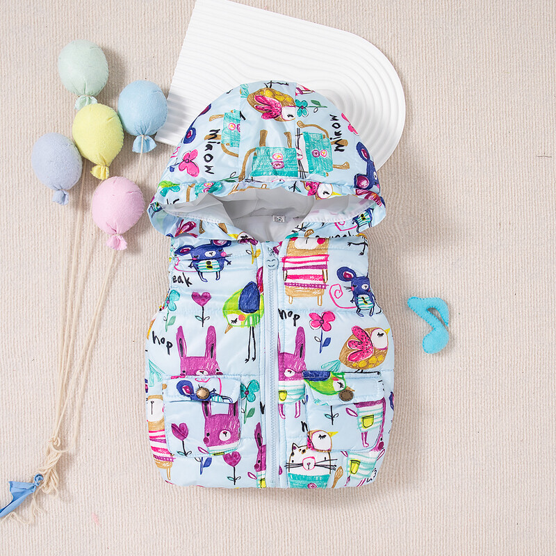 Naujos žieminės storos ir šiltos liemenės berniukui ir mergaitei, spalvingi vaikiški drabužėliai su gobtuvu grafiti nuo 6 mėnesių iki 3 metų