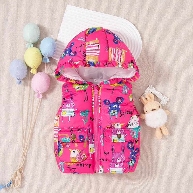 Naujos žieminės storos ir šiltos liemenės berniukui ir mergaitei, spalvingi vaikiški drabužėliai su gobtuvu grafiti nuo 6 mėnesių iki 3 metų