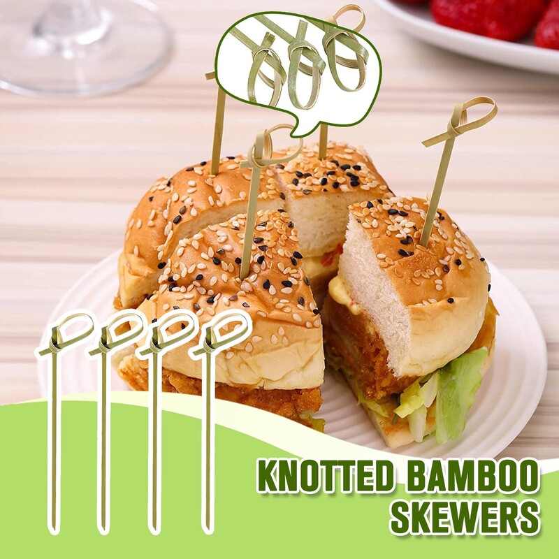 100 gab. vienreizējās lietošanas bambusa mezglu iesmi kokteiļu cērtes ar savītiem galiem uzkodu kluba sviestmaižu ballīšu barbekjū dakšām