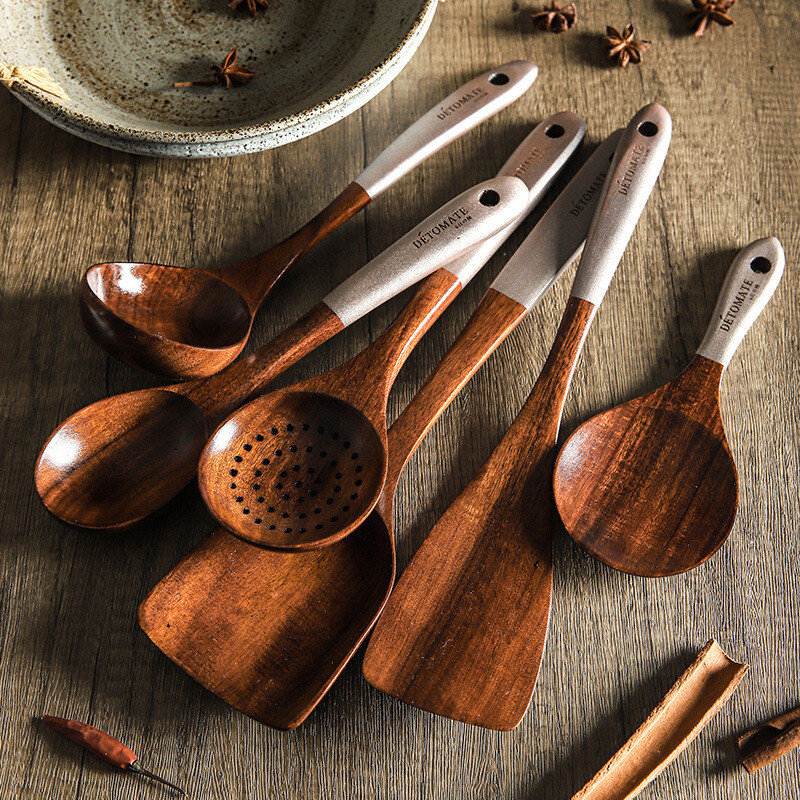 Koka gatavošanas katlu komplekts Rīsu zupas pasniegšanas karote Masīvkoka virtuves piederumi Virtuves piederumi Virtuves trauku komplekts Nelipīgs rokturis Lāpsta