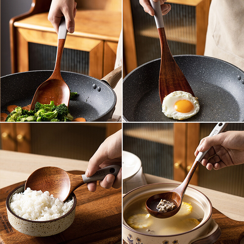 Koka gatavošanas katlu komplekts Rīsu zupas pasniegšanas karote Masīvkoka virtuves piederumi Virtuves piederumi Virtuves trauku komplekts Nelipīgs rokturis Lāpsta