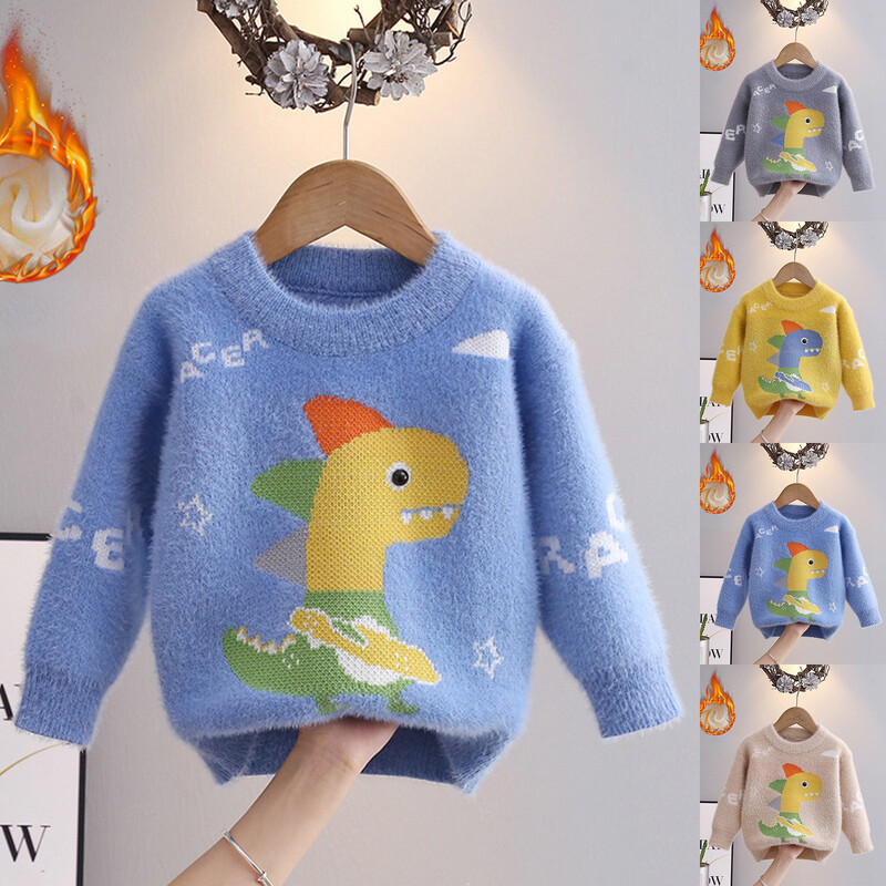 Bērnu džemperi ūdeles flīsa trikotāžas pulovers rudens un ziemas bērniem Gilrs zēniem multfilmas Dinozauru raksta džemperi ar O veida kakla izgriezumu 2-6 g.