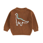 Mažų berniukų megztiniai, siuvinėti dinozaurais ilgomis rankovėmis apvaliais kaklu, briaunoti megzti megztiniai