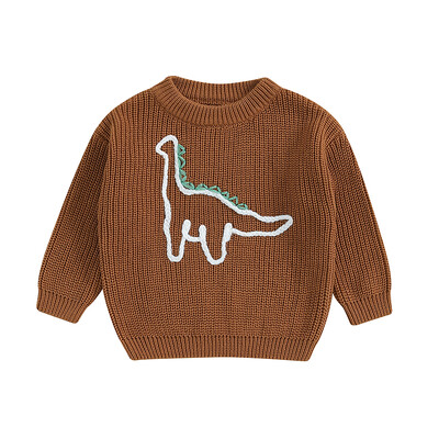 Mažų berniukų megztiniai, siuvinėti dinozaurais ilgomis rankovėmis apvaliais kaklu, briaunoti megzti megztiniai