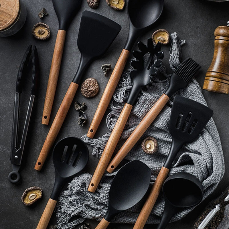 12 DB tapadásmentes konyhai edények szilikon edények konyhai edények spatula fa nyelű főzőeszköz készlet