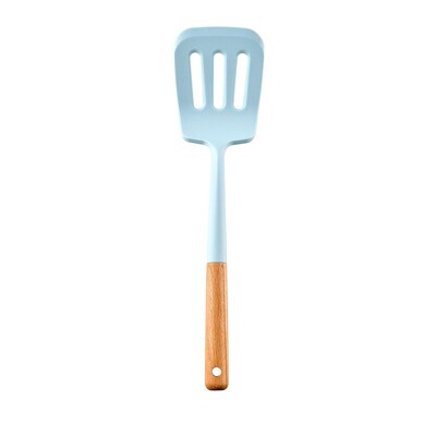 1 buc. silicon albastru rezistent la caldura, maner din lemn, ustensile de bucatarie, lingura de supa, spatula, perie, racleta, instrument de gatit, lopata antiaderenta.