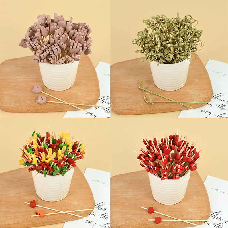 100 τεμ. Μιας χρήσης οδοντογλυφίδες τροφίμων από μπαμπού με φρούτα και χαριτωμένα αρκουδάκια για μπουφέ κέικ κοκτέιλ πιρούνι φρούτων για ντεκόρ για πάρτι στη Χαβάη