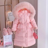 Lányok téli új, egyszínű kapucnis pulóver szőrös gallérral és derékkal. Divatos szélálló és meleg hosszú pamutkabát