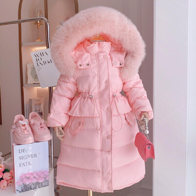 Lányok téli új, egyszínű kapucnis pulóver szőrös gallérral és derékkal. Divatos szélálló és meleg hosszú pamutkabát