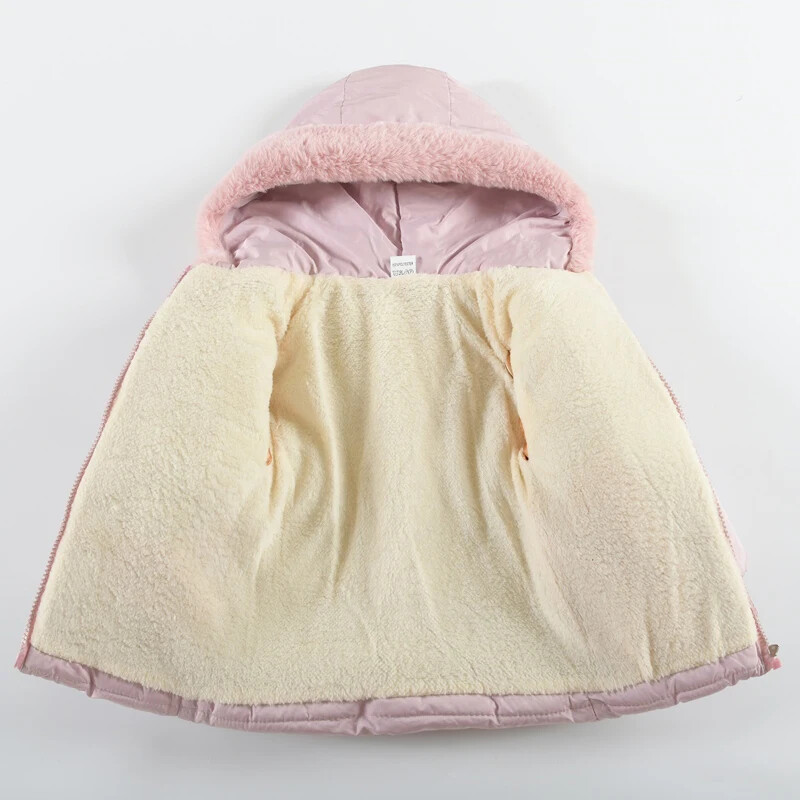 Nauja mergaičių žieminė striukė, vienspalvis pamušalas, pliušinis storas paltukas su gobtuvu su užtrauktuku 1–4 metų vaikams, sušildo viršutinius drabužius