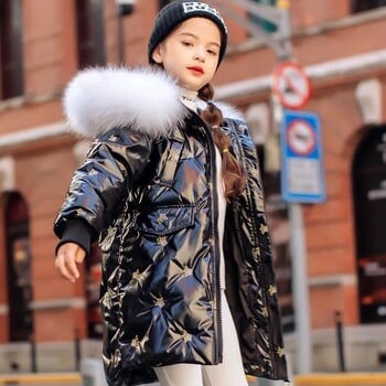 2024 New Winter Keep Warm Girls Jacket 4-12 ετών Fashion Letter Γυαλιστερό Παιδικό παλτό με κουκούλα κατά των λεκέδων