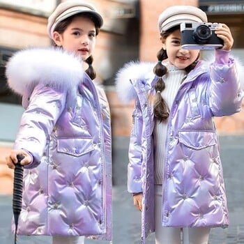 2024 New Winter Keep Warm Girls Jacket 4-12 ετών Fashion Letter Γυαλιστερό Παιδικό παλτό με κουκούλα κατά των λεκέδων