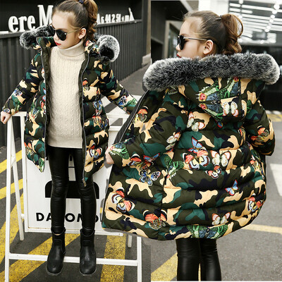 2024 m. Nauja žieminė, šilta mergaičių striukė 4–12 metų senumo mados raidė Blizgus nuo dėmių su gobtuvu, skirtas vaikams