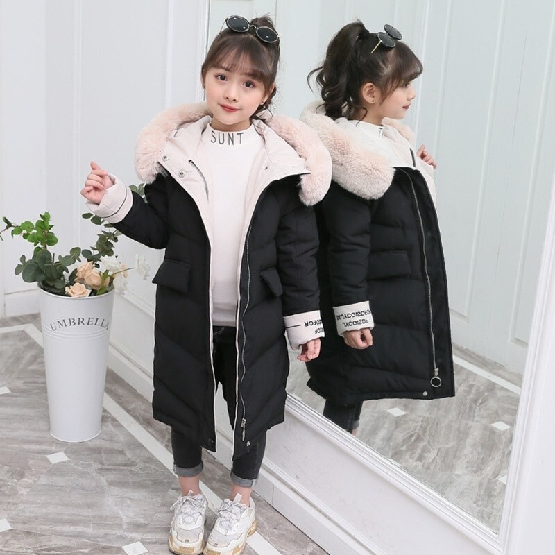-30 laipsnių Mergaičių drabužiai Žieminiai šilti pūkai Medvilninės Striukės Vaikams Parkas Kailinis Apykaklės Paltas Storas Gaubtas Sniego kostiumas Vaikiški Drabužiai