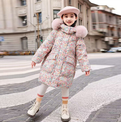 Guler de blană Fete Paltoane cu puf de zăpadă Adolescent Floral Gros Iarnă Îmbrăcăminte exterioară Copii Jachete de vânt calde Copii Pardesiu lung