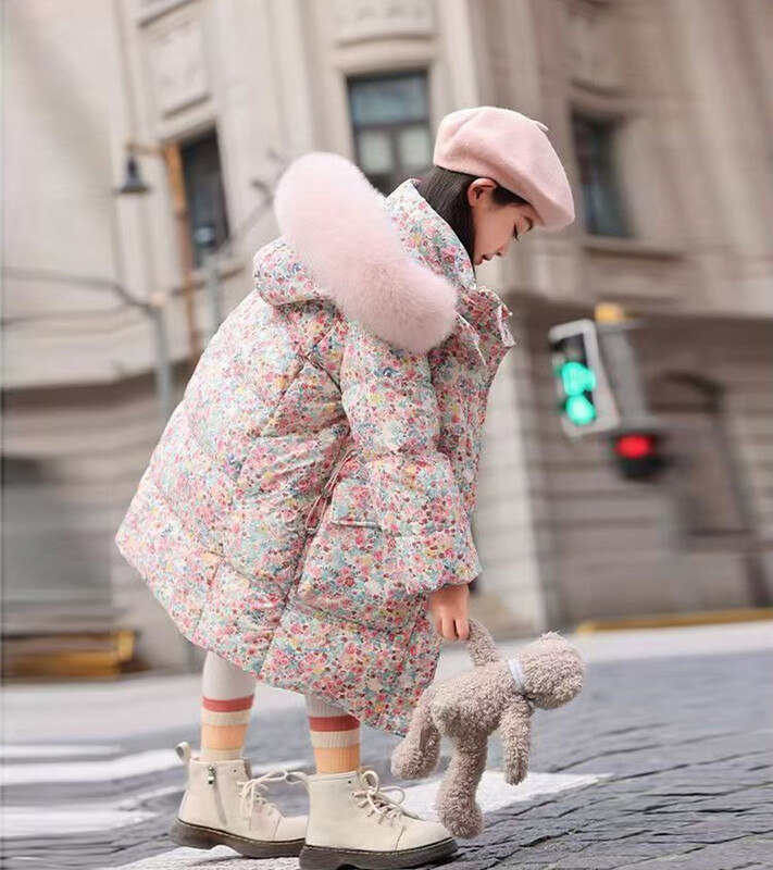 Guler de blană Fete Paltoane cu puf de zăpadă Adolescent Floral Gros Iarnă Îmbrăcăminte exterioară Copii Jachete de vânt calde Copii Pardesiu lung