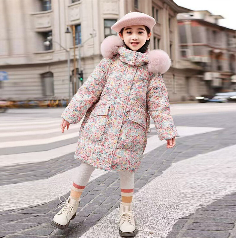 Guler de blană Fete Paltoane cu puf de zăpadă Adolescent Floral Gros Iarnă Îmbrăcăminte exterioară Copii Jachete de vânt calde Copii Pardesiu lung