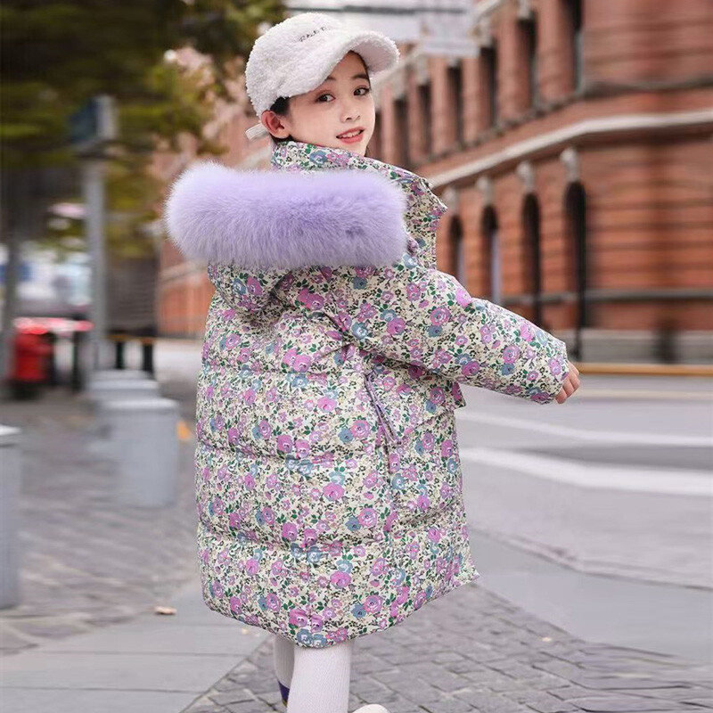 Guler de blană Fete Paltoane cu puf de zăpadă Adolescent Floral Gros Iarnă Îmbrăcăminte exterioară Copii Jachete de vânt calde Copii Pardesiu lung