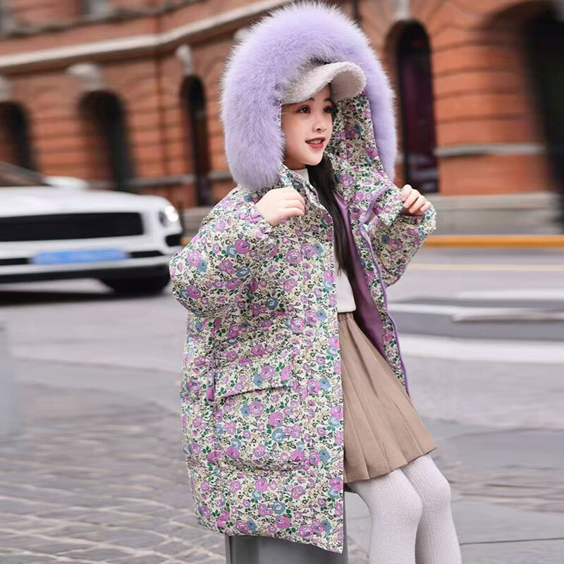 Guler de blană Fete Paltoane cu puf de zăpadă Adolescent Floral Gros Iarnă Îmbrăcăminte exterioară Copii Jachete de vânt calde Copii Pardesiu lung