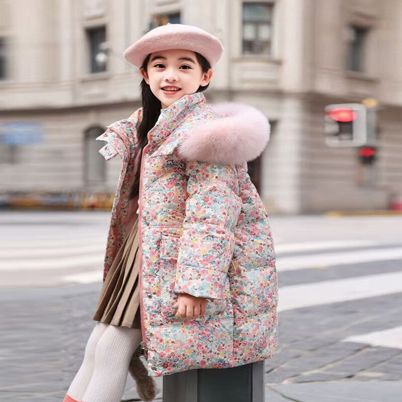 Guler de blană Fete Paltoane cu puf de zăpadă Adolescent Floral Gros Iarnă Îmbrăcăminte exterioară Copii Jachete de vânt calde Copii Pardesiu lung