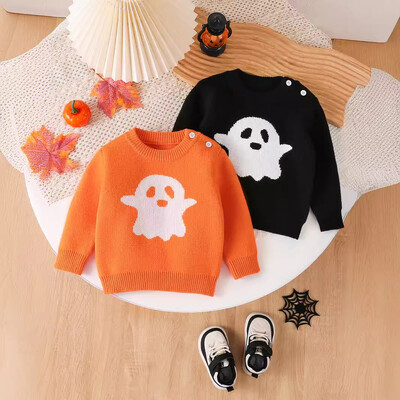 Halloween Jesenný Zimný Dievčenský Sveter Bavlnený Žakárový Sveter s Duchom Hlavou Detské Dievčenské Pletené Svetre s Okrúhlym Výstrihom Pre Batoľatá Dievčenské Svetre
